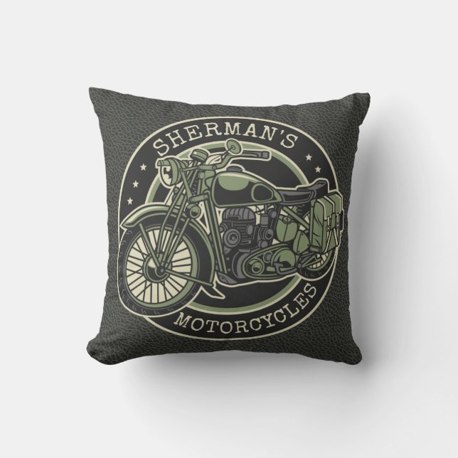 Coussin NOM personnalisé Retro Military Motorcycle Biker (Recto)
