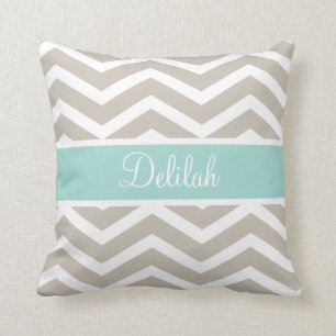 Coussin Nom personnalisé Tan Turquoise Chevron