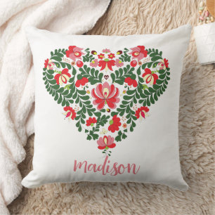 Coussin Nom personnalisé Typographie rose/ Coeur folkloriq