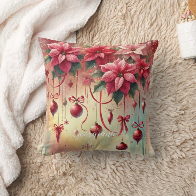 Coussin Nom personnalisé Whimsica Poinsettia Baubles de No (Couverture)