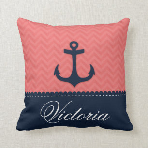 Coussin Nom rose de corail nautique de coutume d'Ancre de