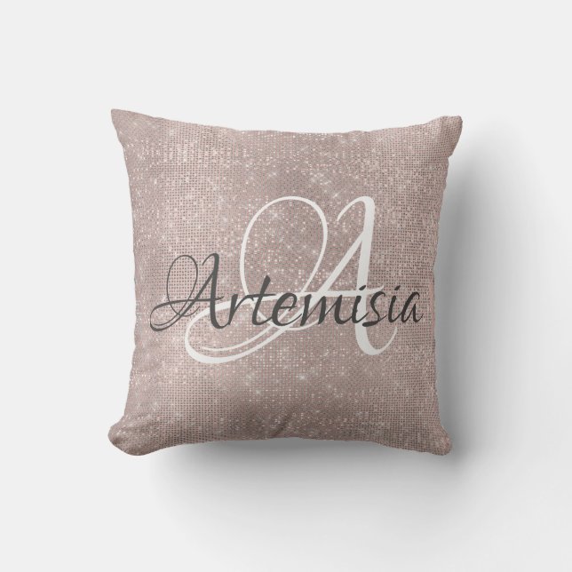 Coussin Nom Rose gris initial Étincelle gris or brossé (Recto)