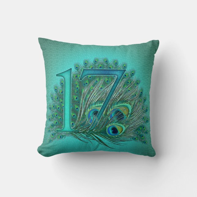 Coussin nombre d'âge de modèle de paon de 17 anniversaires (Recto)
