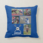 Coussin Nombre fait sur commande d'équipe de nom de<br><div class="desc">Ce coussin fait sur commande de collage de photo de lacrosse comporte 5 de vos photos téléchargées, d'un graphique de lacrosse et de votre choix de texte - le nom du joueur, le nom d'équipe, le nombre de jersey, le changement etc. la couleur d'arrière - plan pour assortir vos couleurs...</div>