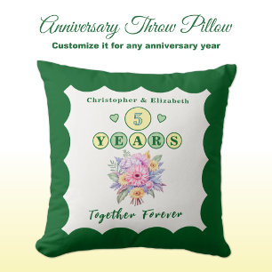 Coussin noms de 5e anniversaire fleurs gerbera vertes