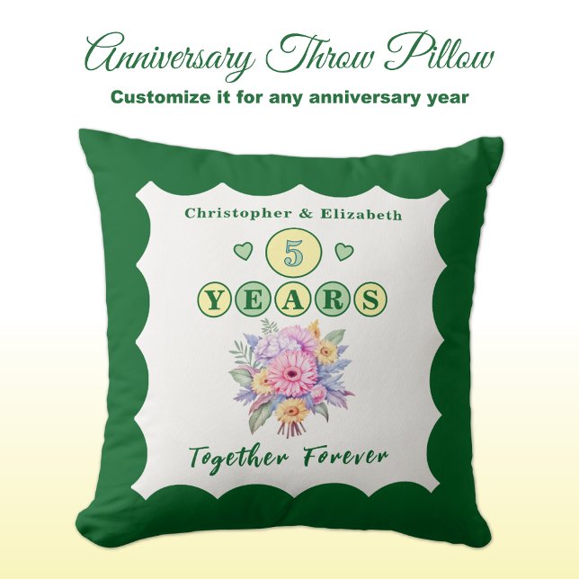 Coussin noms de 5e anniversaire fleurs gerbera vertes (Créateur téléchargé)