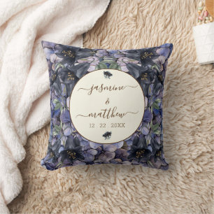 Coussin Noms de Couple Floral Noir Classique Mariage