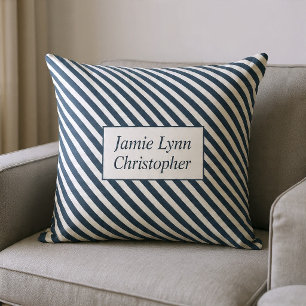 Coussin Noms de couples personnalisés rayures bleues/blanc