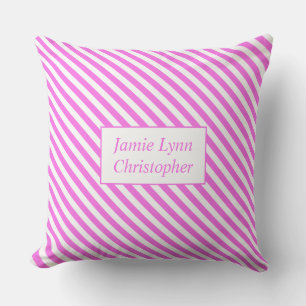 Coussin Noms de couples personnalisés rayures rose/blanc