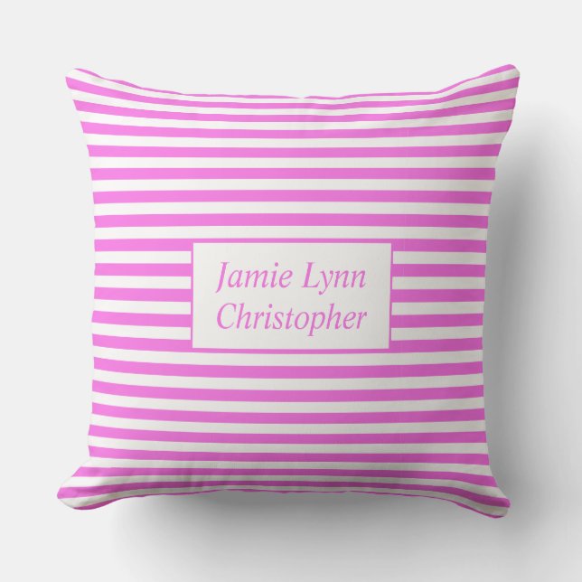 Coussin Noms de couples personnalisés rayures rose/blanc (Recto)