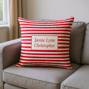 Coussin Noms de couples personnalisés rayures rouges/blanc