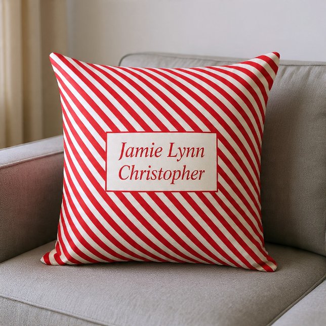 Coussin Noms de couples personnalisés rayures rouges/blanc (Créateur téléchargé)
