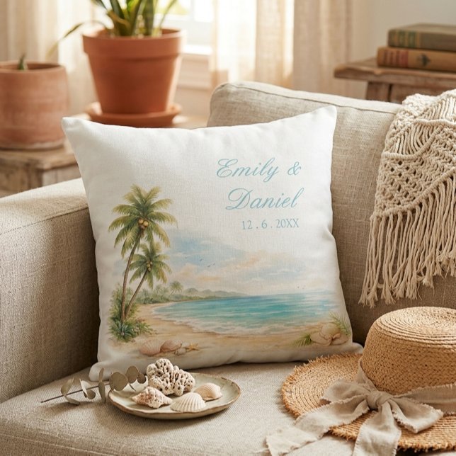 Coussin Noms de Mariage de Plage Tropicale à l'Aquarelle E (Créateur téléchargé)