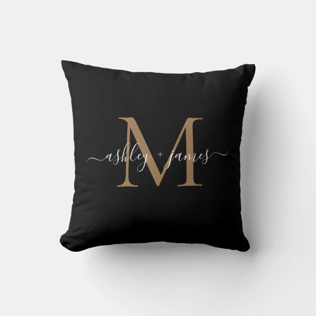 Coussin Noms de mariage élégants monogramme noir or écritu (Recto)