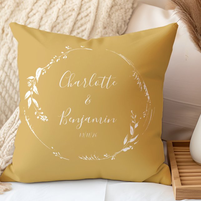 Coussin Noms de mariage personnalisés script botanique Jau (Créateur téléchargé)