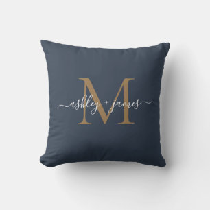 Coussin Noms de monogramme doré élégant écriture mariage b