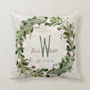 Coussin Noms de monogrammes de couronne naturelle Mariage 