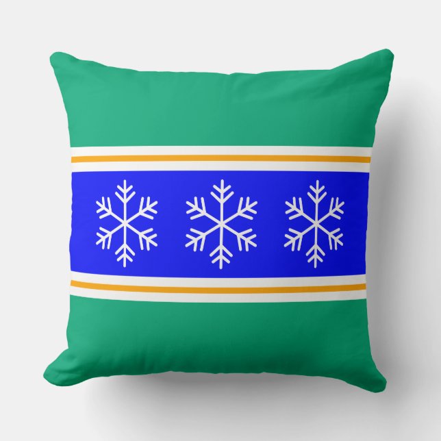 Coussin Nordique Bleu Clair Vert Rayures Flocons de Neige  (Recto)