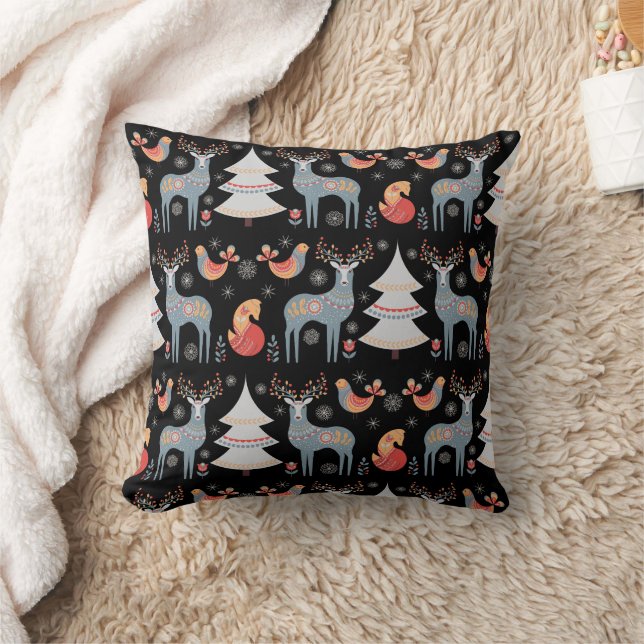 Coussin Nordique Noir renne sapin sapin de Noël Floral (Couverture)