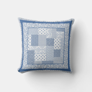 Coussin Nostalgique Indigo Blue et White Faux Patchwork