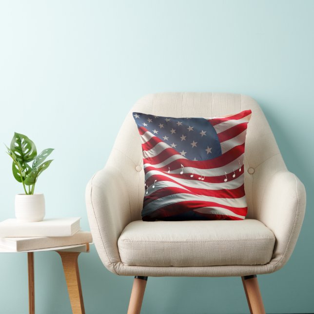 Coussin Notes de musique flottant sur un drapeau américain (Chaise)