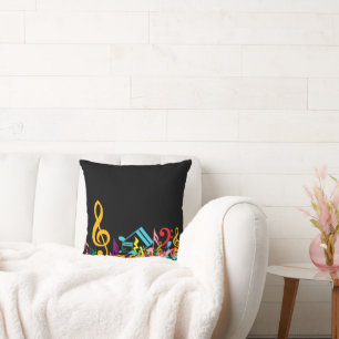 Coussin Notes de Musique Jumbled colorées sur Black
