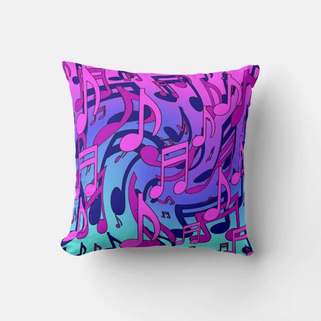 Coussin Notes de Musique Motif Vif Rose Bleu Violet Aqua (Recto)