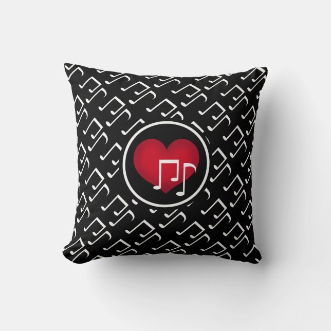 Coussin Notes de musique noir et blanc et coeur rouge (Recto)