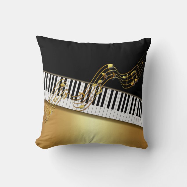Coussin Notes d'or élégantes, Clé de piano, Noir (Recto)