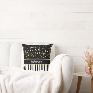 Coussin Notes musicales et touches de piano Noir et Or