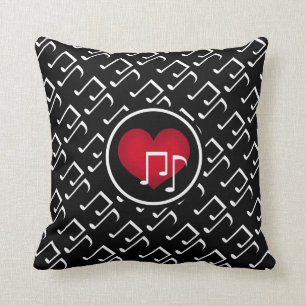 Coussin Notes noires et blanches de musique et coeur rouge