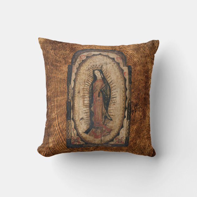 Coussin Notre-Dame de Guadalupe Vierge Marie Bois Look (Recto)