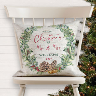 Coussin Notre premier Noël en tant que Mr & Mrs Pine Wreat
