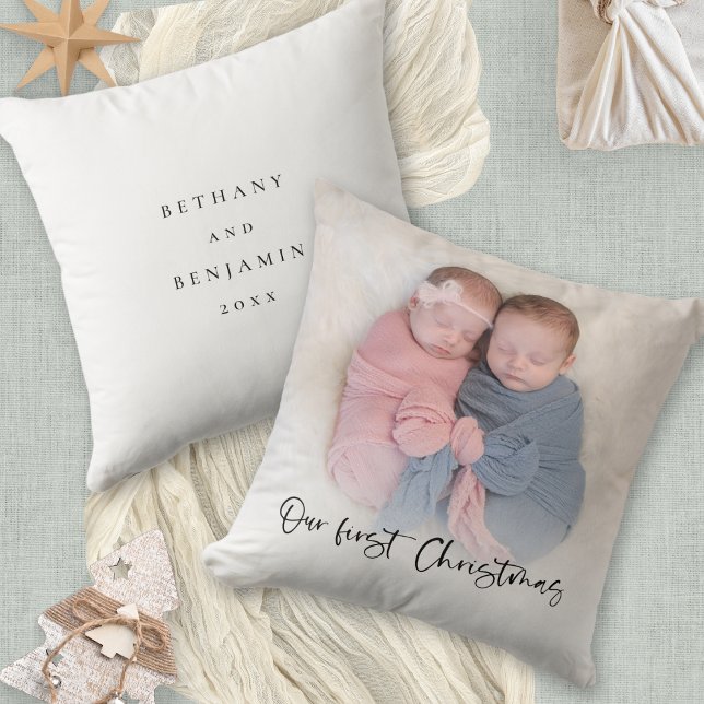 Coussin Notre premier script de Noël Baby Twins Photo (Front and back view)