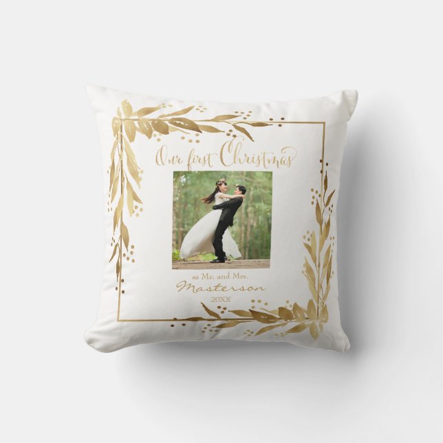 Coussin Notre première couronne d'or photo de Noël en blan (Recto)