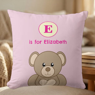 Coussin Noun ours en peluche prénom enfants rose