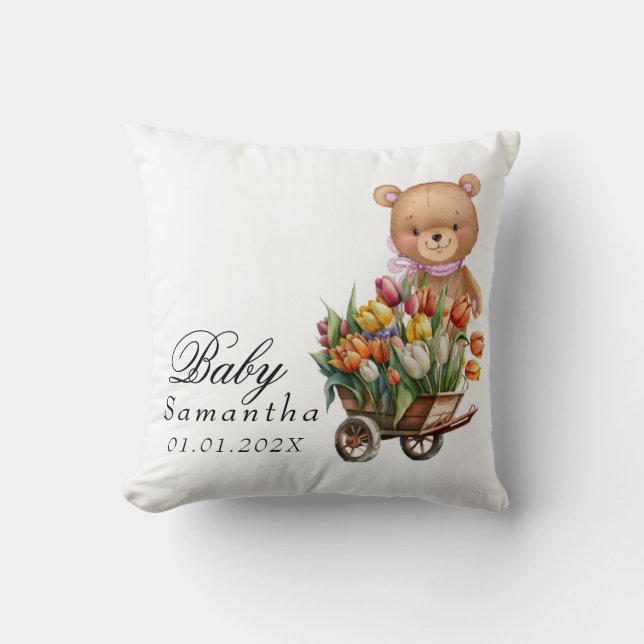 Coussin Noun ours en peluche rose floral rustique (Recto)