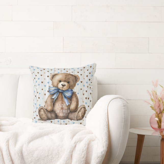Coussin Noun ours en peluche sur coeurs bruns bleus (Canapé)