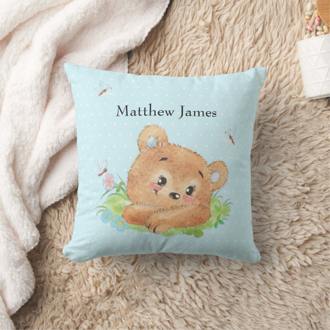Coussin Nounours bébé garçon bleu jeté (Couverture)