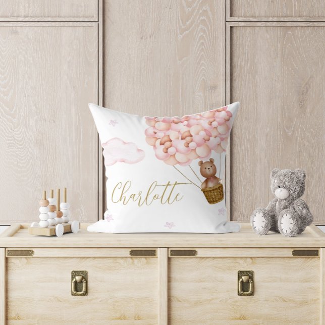 Coussin Nounours bébé ours en peluche ballons roses (Teddy Bear Pink Balloons Baby Nursery Throw Pillow)