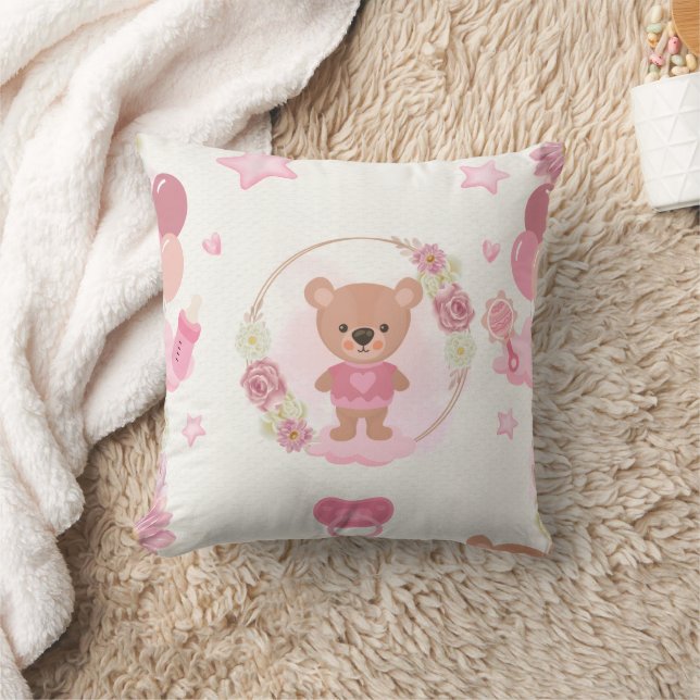 Coussin Nounours en peluche rose bébé (Couverture)