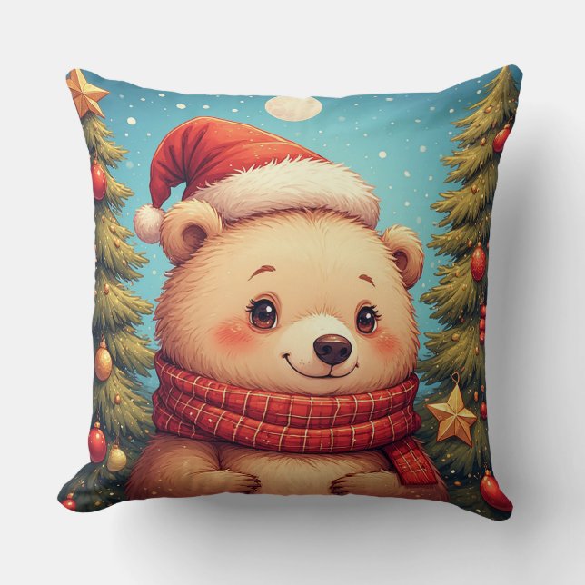 Coussin Nounours heureux avec le bonnet du Père Noël (Recto)