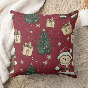 Coussin Nounours mignon et Père Noël sur fond rouge (3)