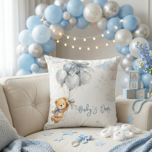 Coussin Nounours Nœud Bleu Ballons Nuages Petit Garçon