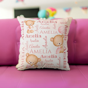 Coussin Nounours roses nom de fille personnalisée