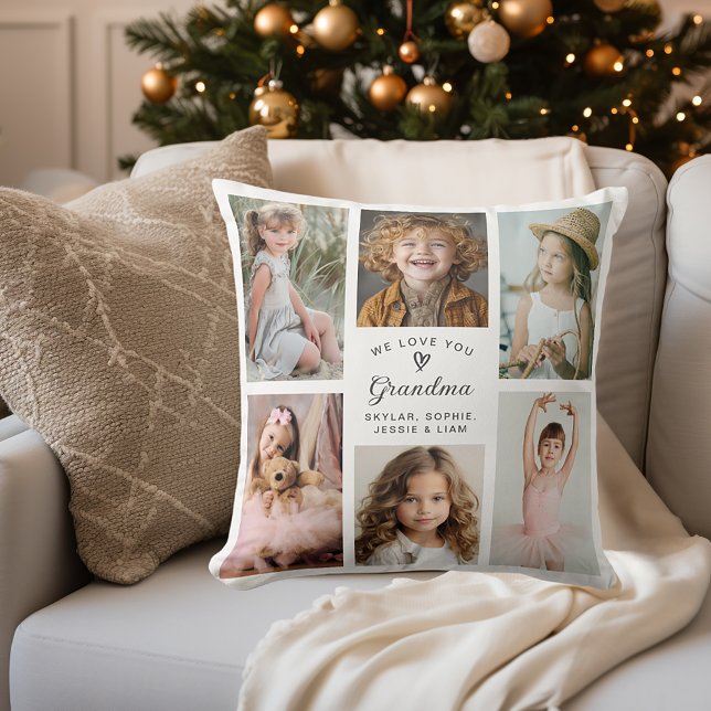 Coussin Nous t'aimons Grand-mère Photo Collage Keepsaké (Personalize with 6 favorite photos of the grandkids for a great gift idea!)