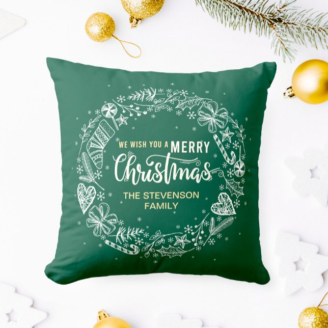 Coussin Nous vous souhaitons un Joyeux Noël Famille Wreath (Créateur téléchargé)