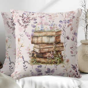 Coussin Nouveau Chapitre aquarelle, Pile de livres fleur s