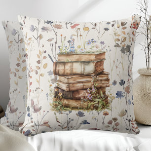 Coussin Nouveau Chapitre aquarelle, Pile de livres fleur s