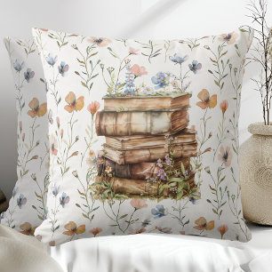 Coussin Nouveau Chapitre aquarelle, Pile de livres fleur s